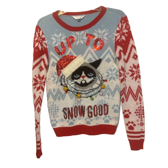 Women's No Boundaries Junior's Christmas Cat Sweater Size Medium Christmas Ugly - Picture 1 of 6